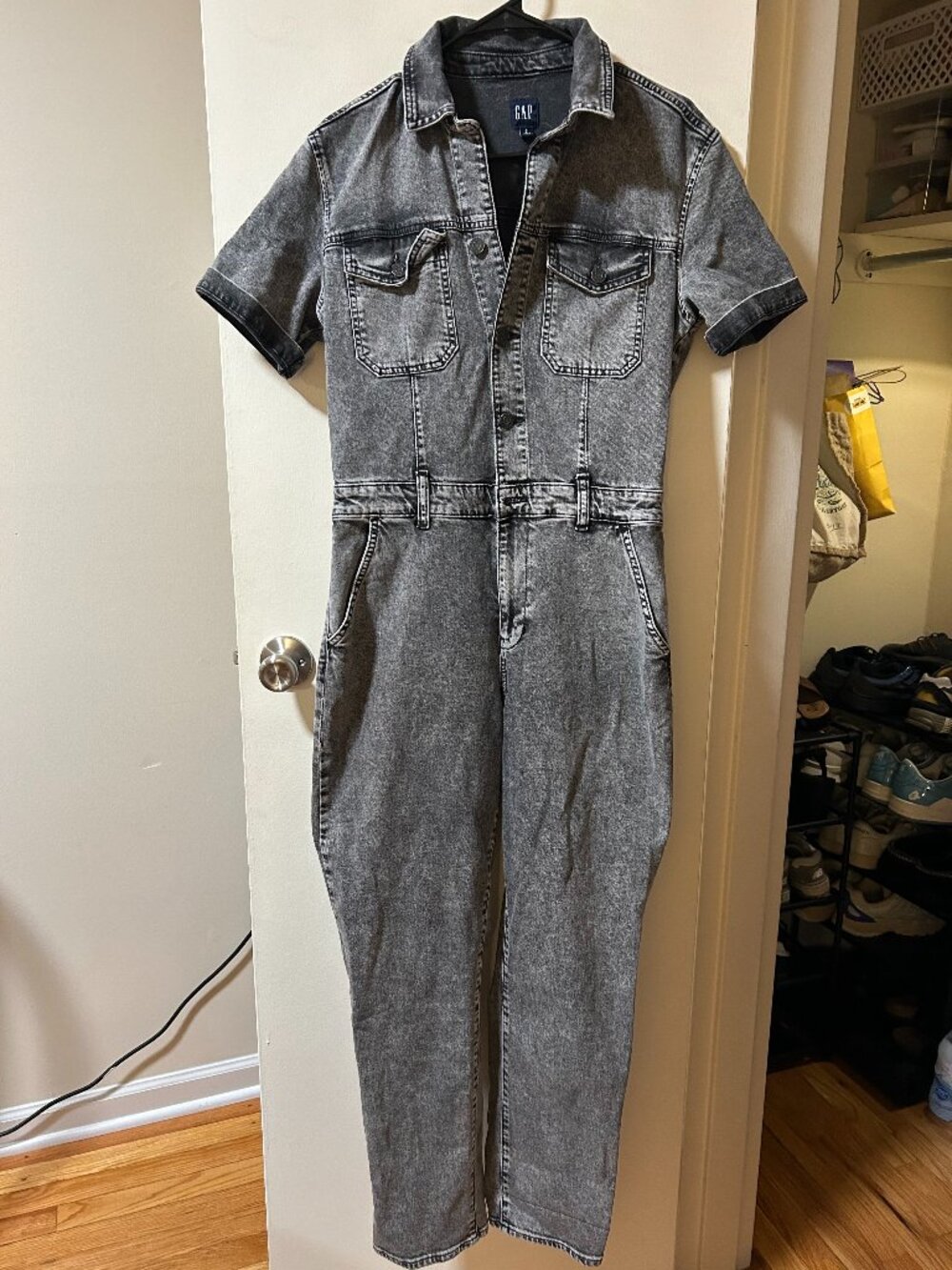 Gap -- grey cotton denim short sleeve, collared, utility/ cargo jumpsuit